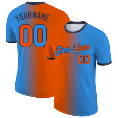 Custom Powder Blue Orange-Navy Gradient Fashion Performance T-Shirt