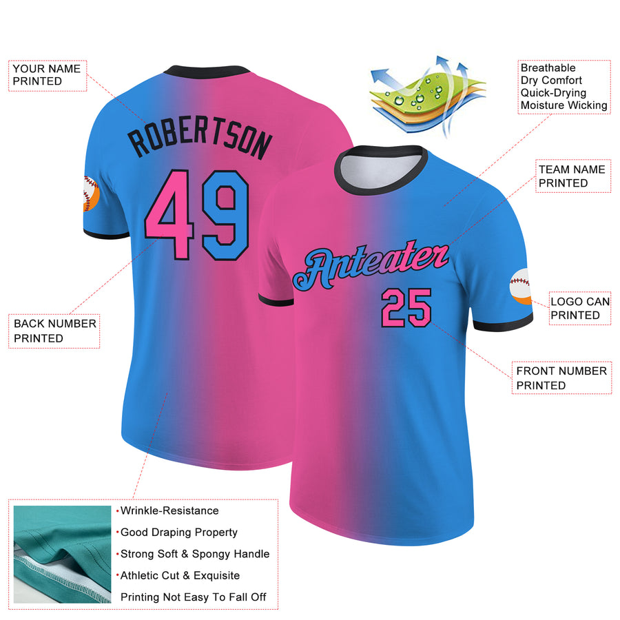 Custom Powder Blue Pink-Black Gradient Fashion Performance T-Shirt