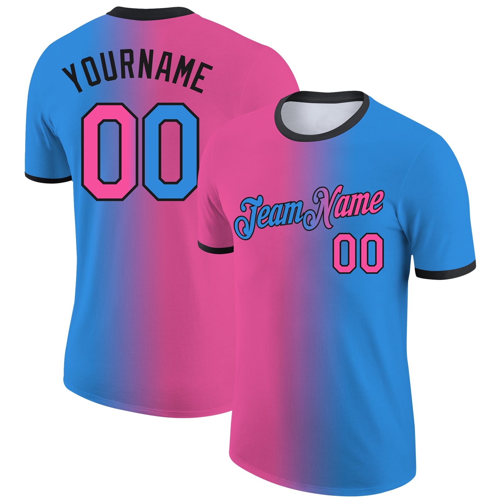 Custom Powder Blue Pink-Black Gradient Fashion Performance T-Shirt