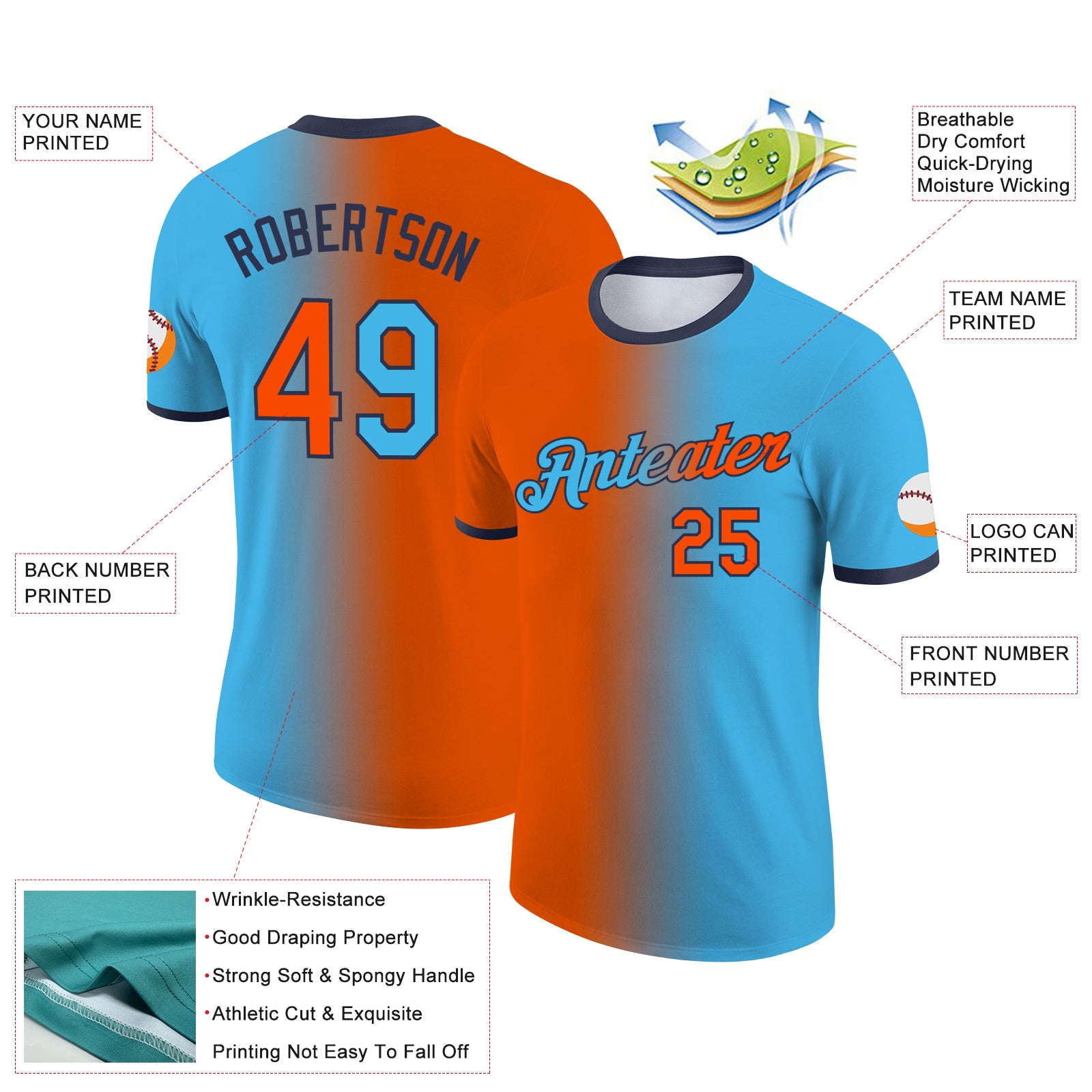 Custom Sky Blue Orange-Navy Gradient Fashion Performance T-Shirt