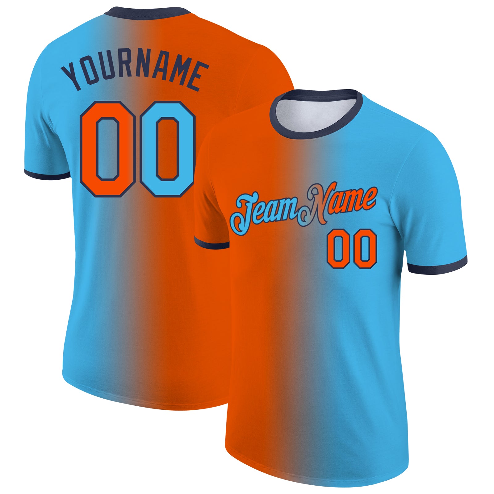 Custom Sky Blue Orange-Navy Gradient Fashion Performance T-Shirt