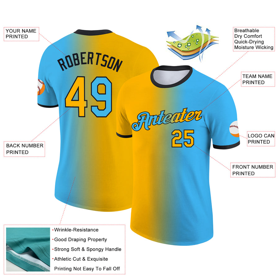 Custom Sky Blue Gold-Black Gradient Fashion Performance T-Shirt