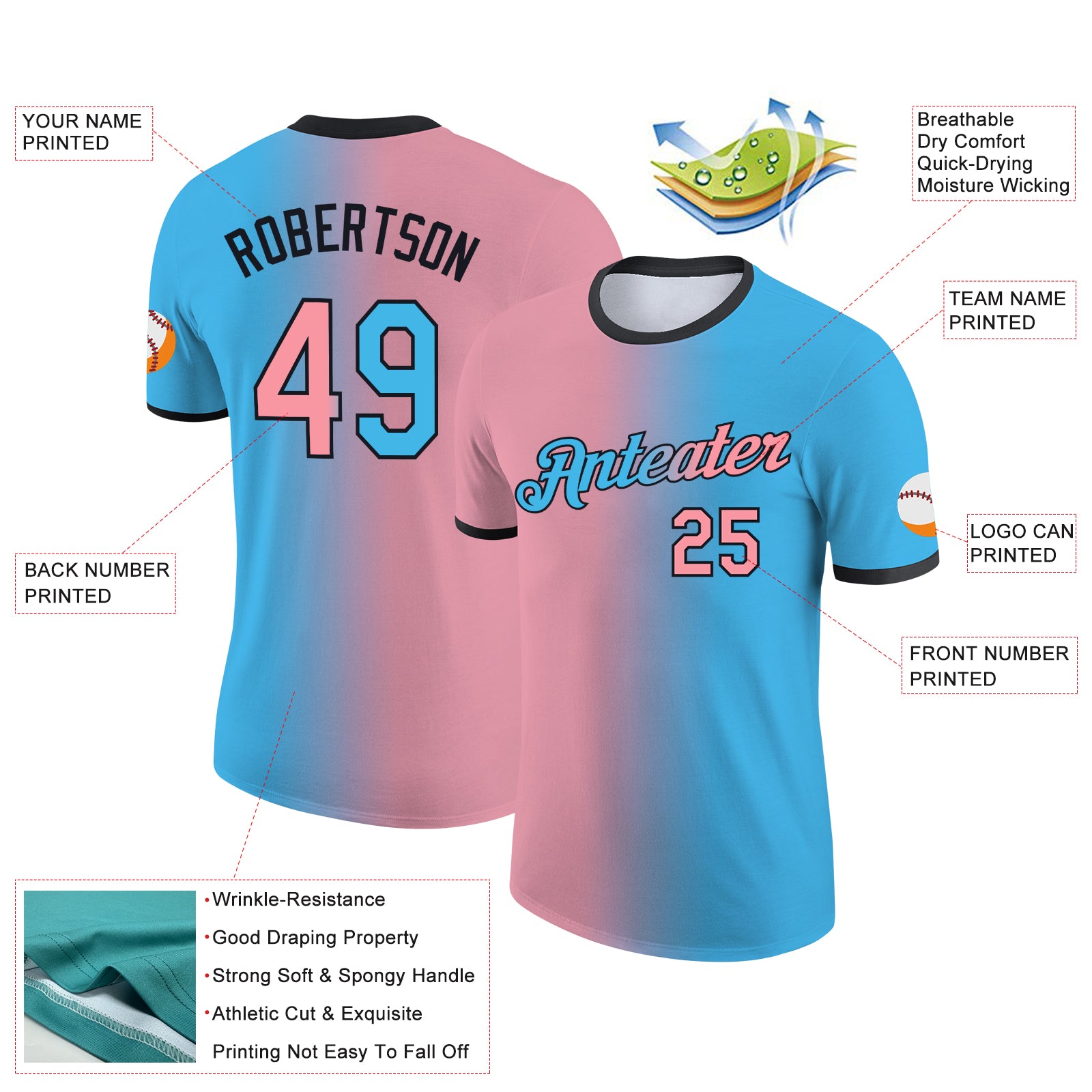 Custom Sky Blue Medium Pink-Black Gradient Fashion Performance T-Shirt