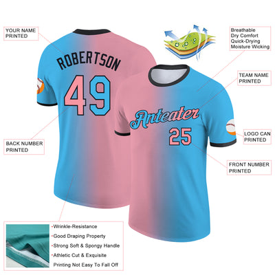 Custom Sky Blue Medium Pink-Black Gradient Fashion Performance T-Shirt