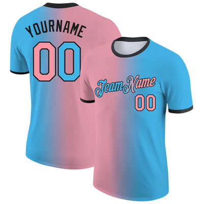 Custom Sky Blue Medium Pink-Black Gradient Fashion Performance T-Shirt