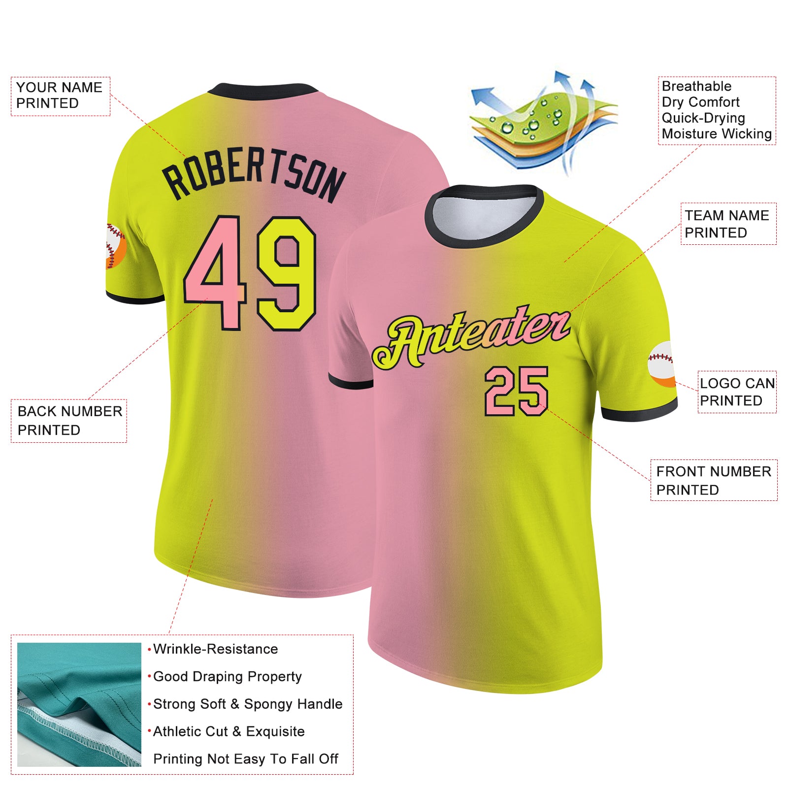 Custom Neon Yellow Medium Pink-Black Gradient Fashion Performance T-Shirt