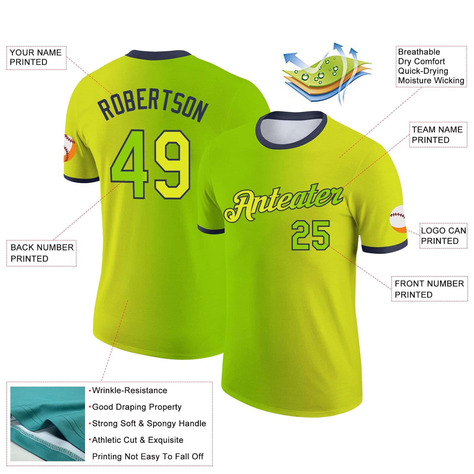 Custom Neon Yellow Neon Green-Navy Gradient Fashion Performance T-Shirt