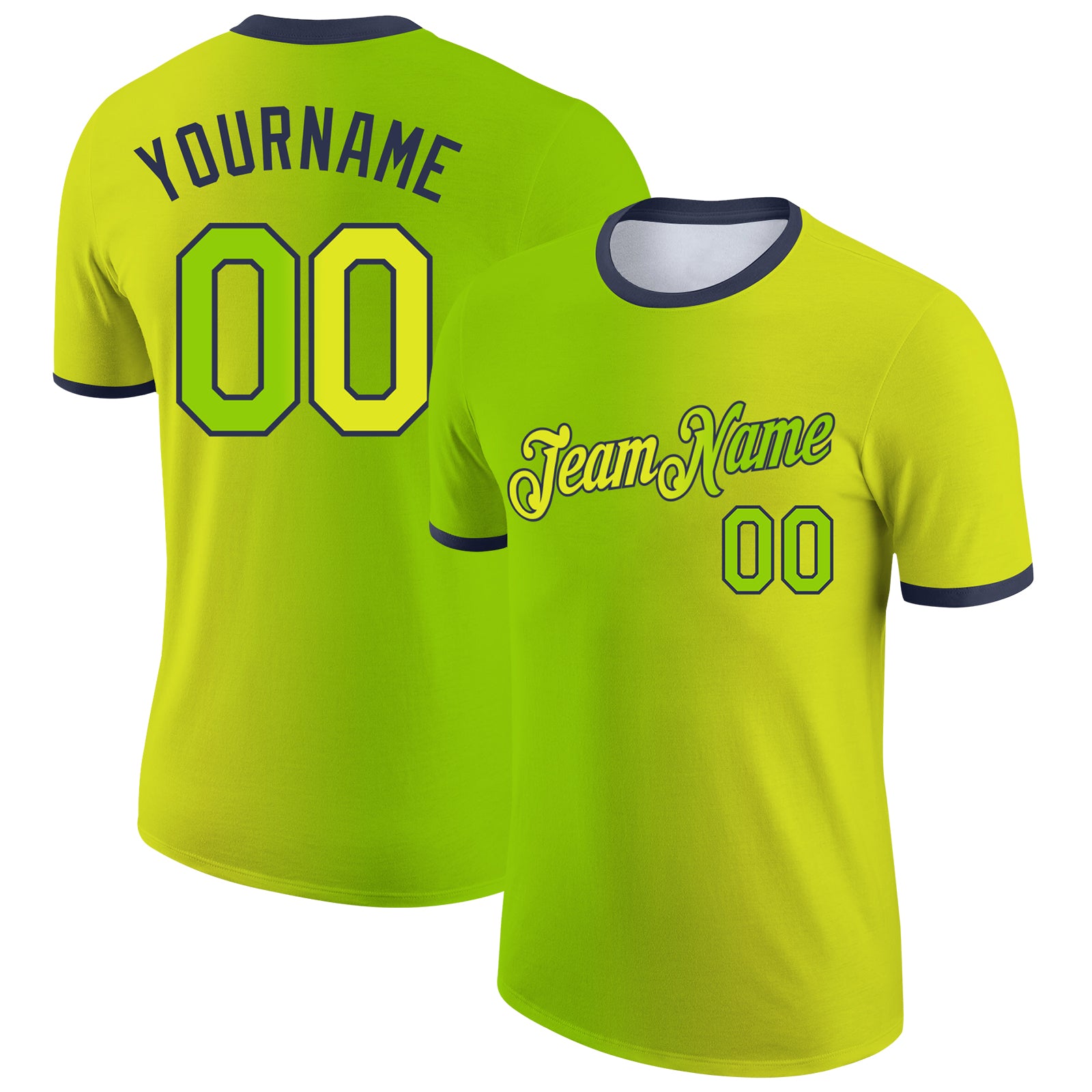 Custom Neon Yellow Neon Green-Navy Gradient Fashion Performance T-Shirt