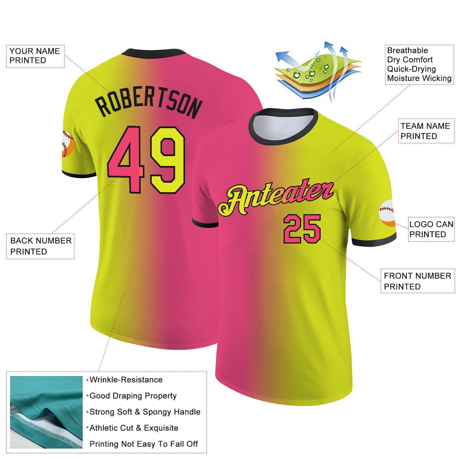 Custom Neon Yellow Neon Pink-Black Gradient Fashion Performance T-Shirt