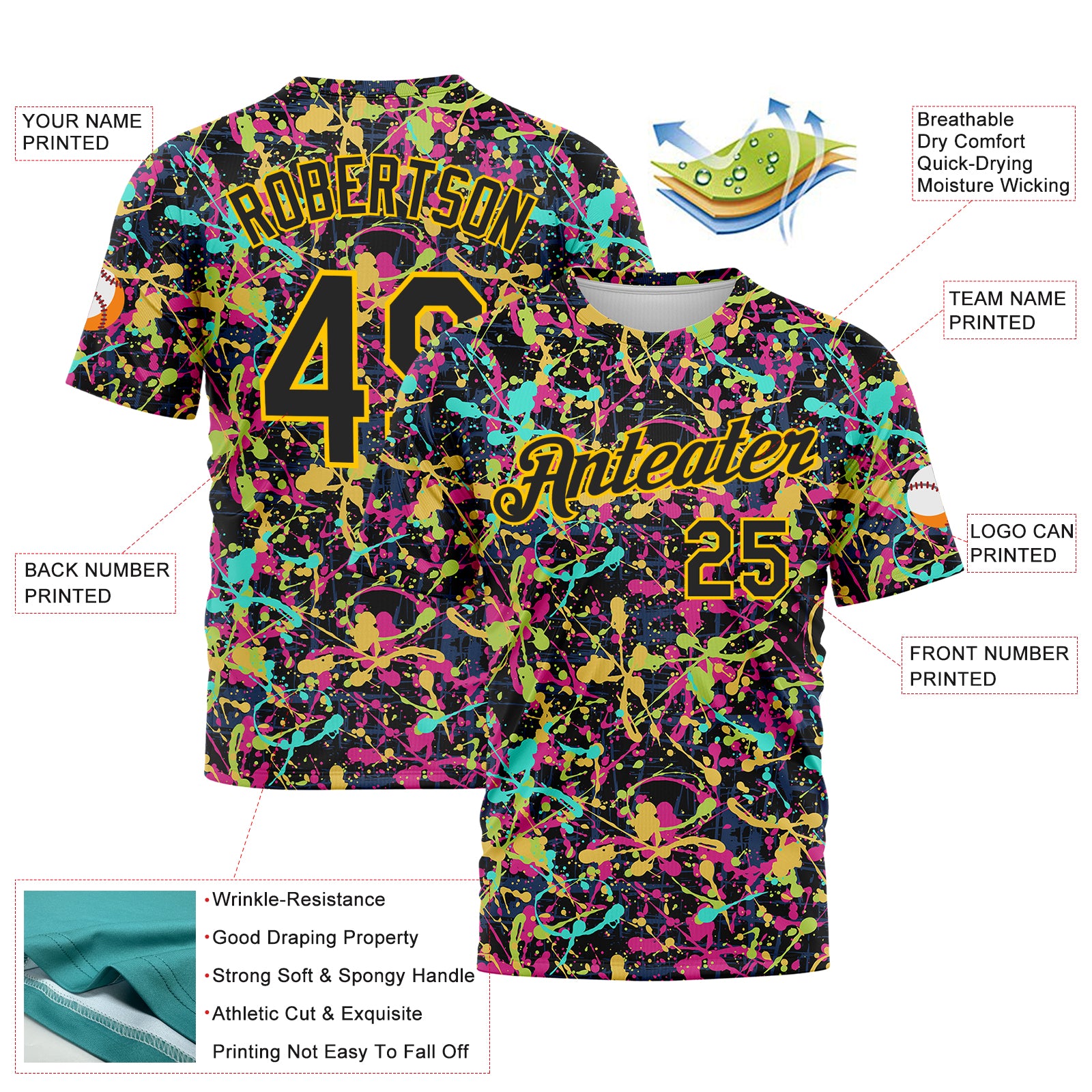 Custom Graffiti Pattern Black-Gold 3D Grunge Shabby Performance T-Shirt