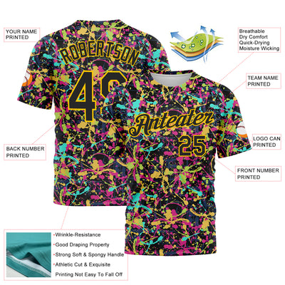 Custom Graffiti Pattern Black-Gold 3D Grunge Shabby Performance T-Shirt