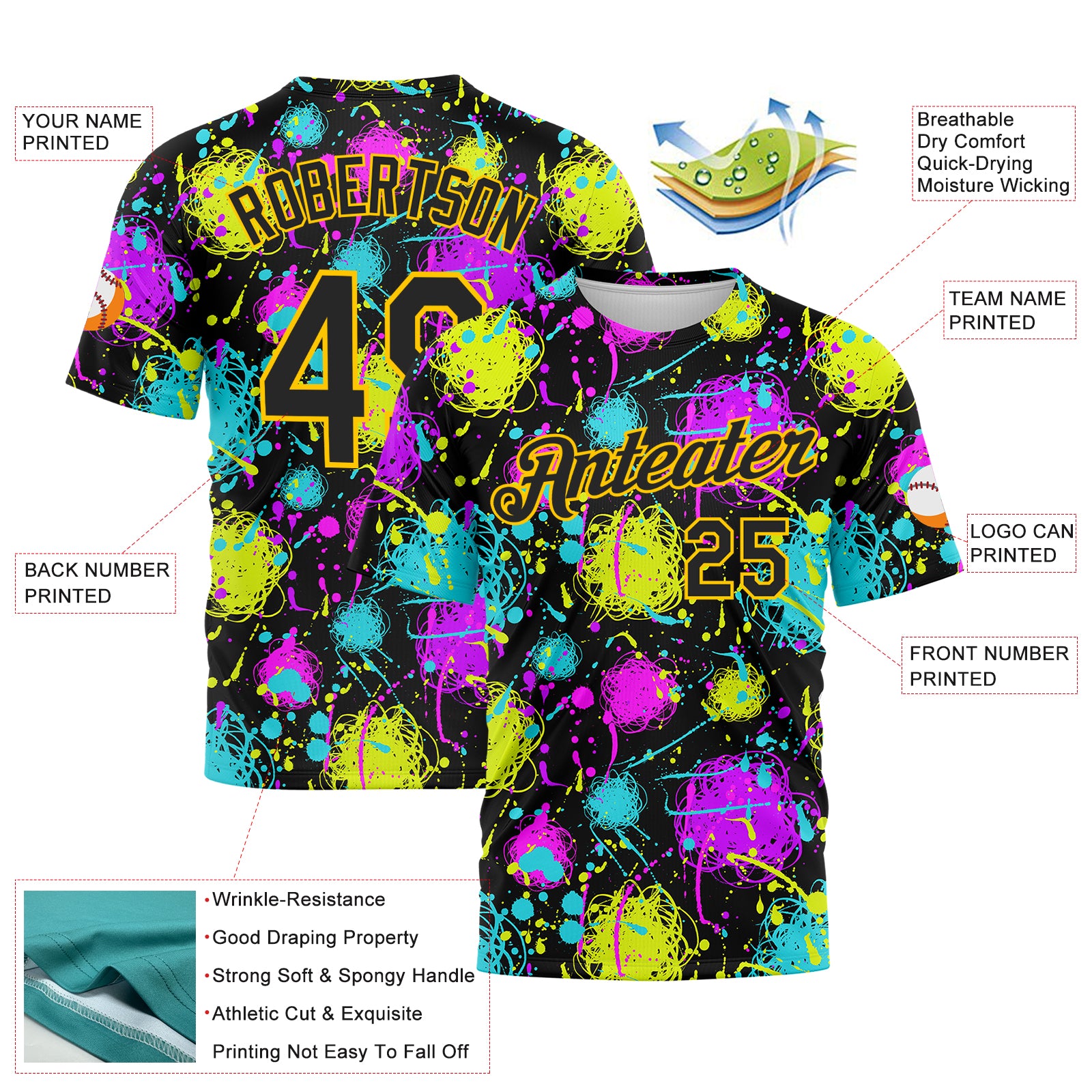 Custom Graffiti Pattern Black-Gold 3D Neon Splatter Performance T-Shirt