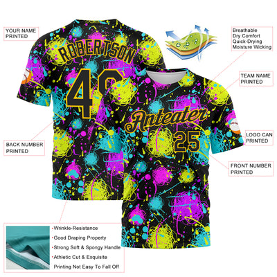 Custom Graffiti Pattern Black-Gold 3D Neon Splatter Performance T-Shirt