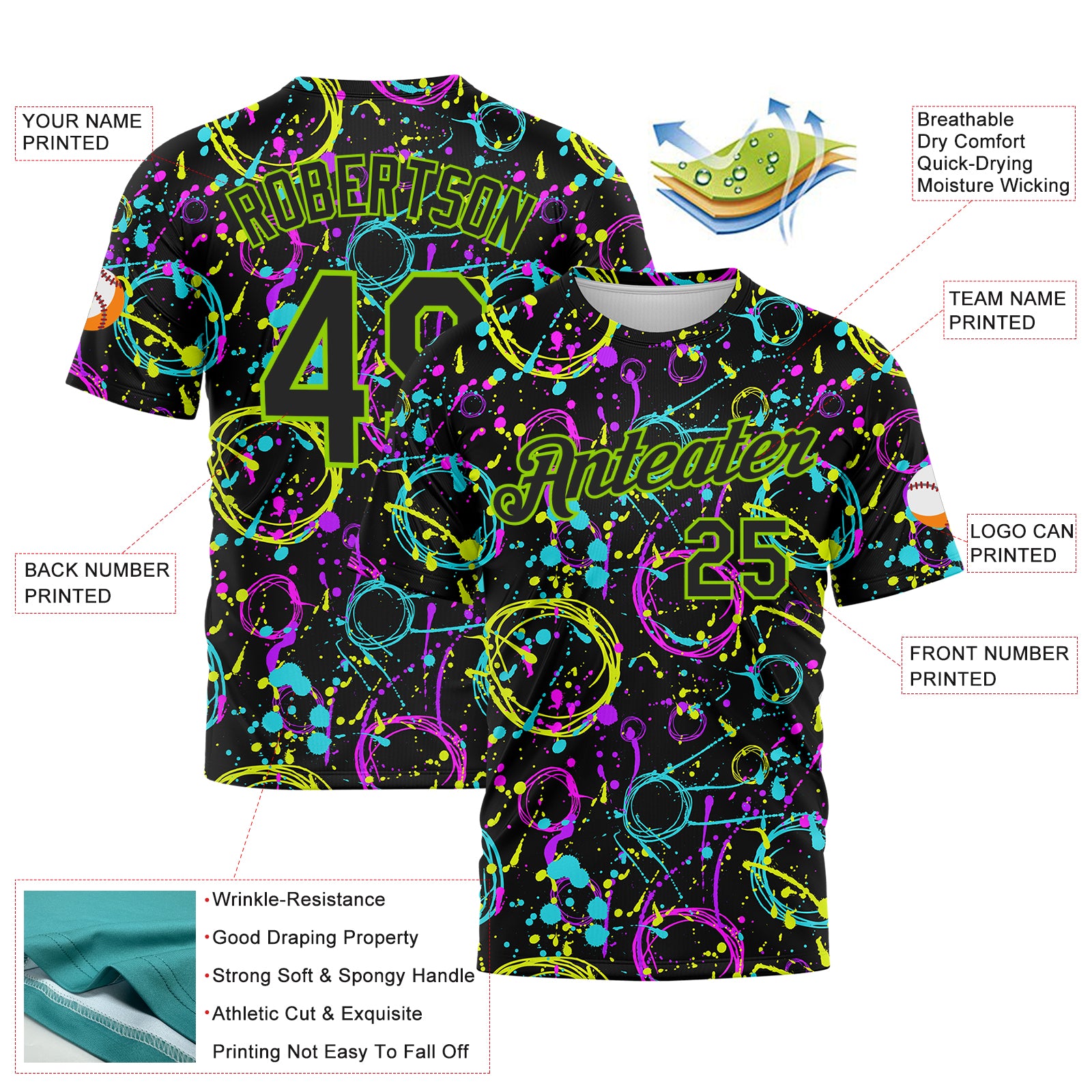 Custom Graffiti Pattern Black-Neon Green 3D Neon Splatter Performance T-Shirt