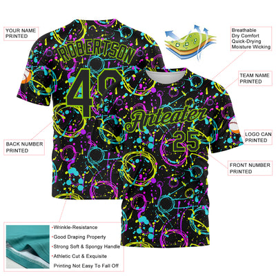 Custom Graffiti Pattern Black-Neon Green 3D Neon Splatter Performance T-Shirt