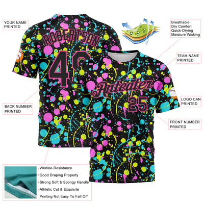 Custom Graffiti Pattern Black-Pink 3D Neon Splatter Performance T-Shirt