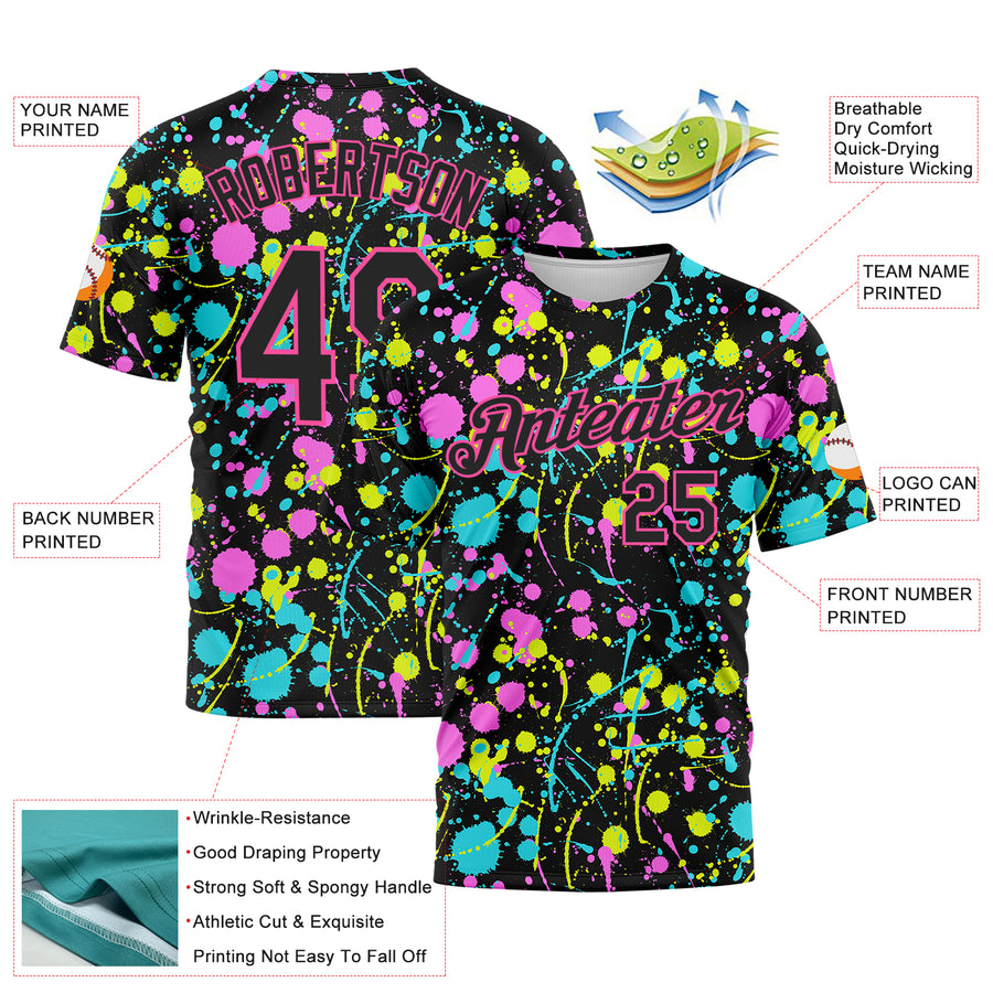 Custom Graffiti Pattern Black-Pink 3D Neon Splatter Performance T-Shirt