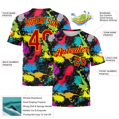 Custom Graffiti Pattern Red-Gold 3D Colorful Splattered Messy Art Ink Paintbrush Drawing Performance T-Shirt