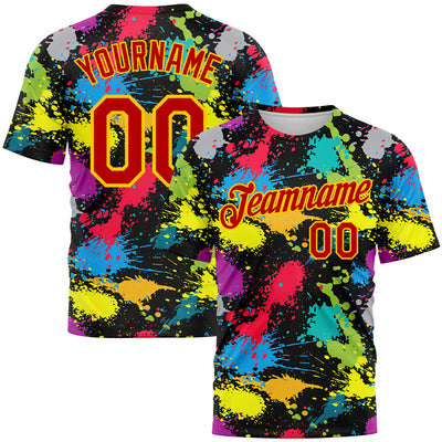 Custom Graffiti Pattern Red-Gold 3D Colorful Splattered Messy Art Ink Paintbrush Drawing Performance T-Shirt