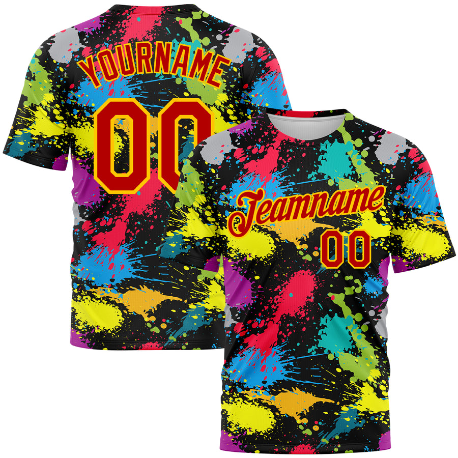 Custom Graffiti Pattern Red-Gold 3D Colorful Splattered Messy Art Ink Paintbrush Drawing Performance T-Shirt