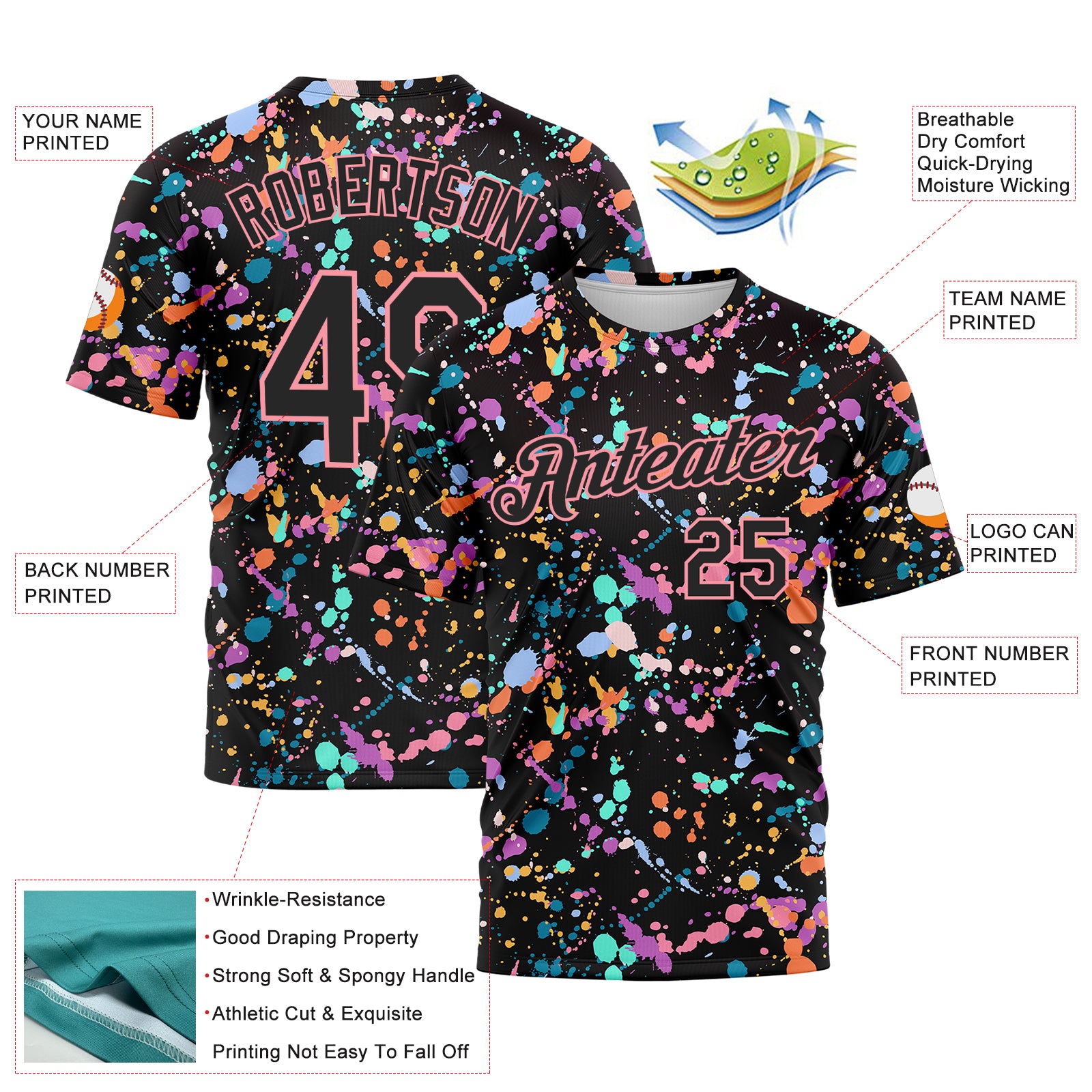 Custom Graffiti Pattern Black-Medium Pink 3D Expressive Splatter Performance T-Shirt