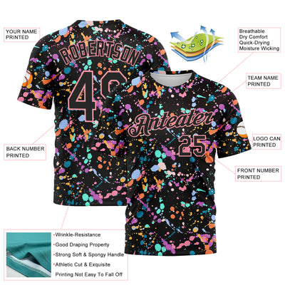 Custom Graffiti Pattern Black-Medium Pink 3D Expressive Splatter Performance T-Shirt