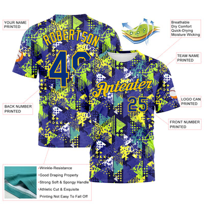 Custom Graffiti Pattern Royal-Gold 3D Creative Geometric Figures Triangle And Dots Performance T-Shirt