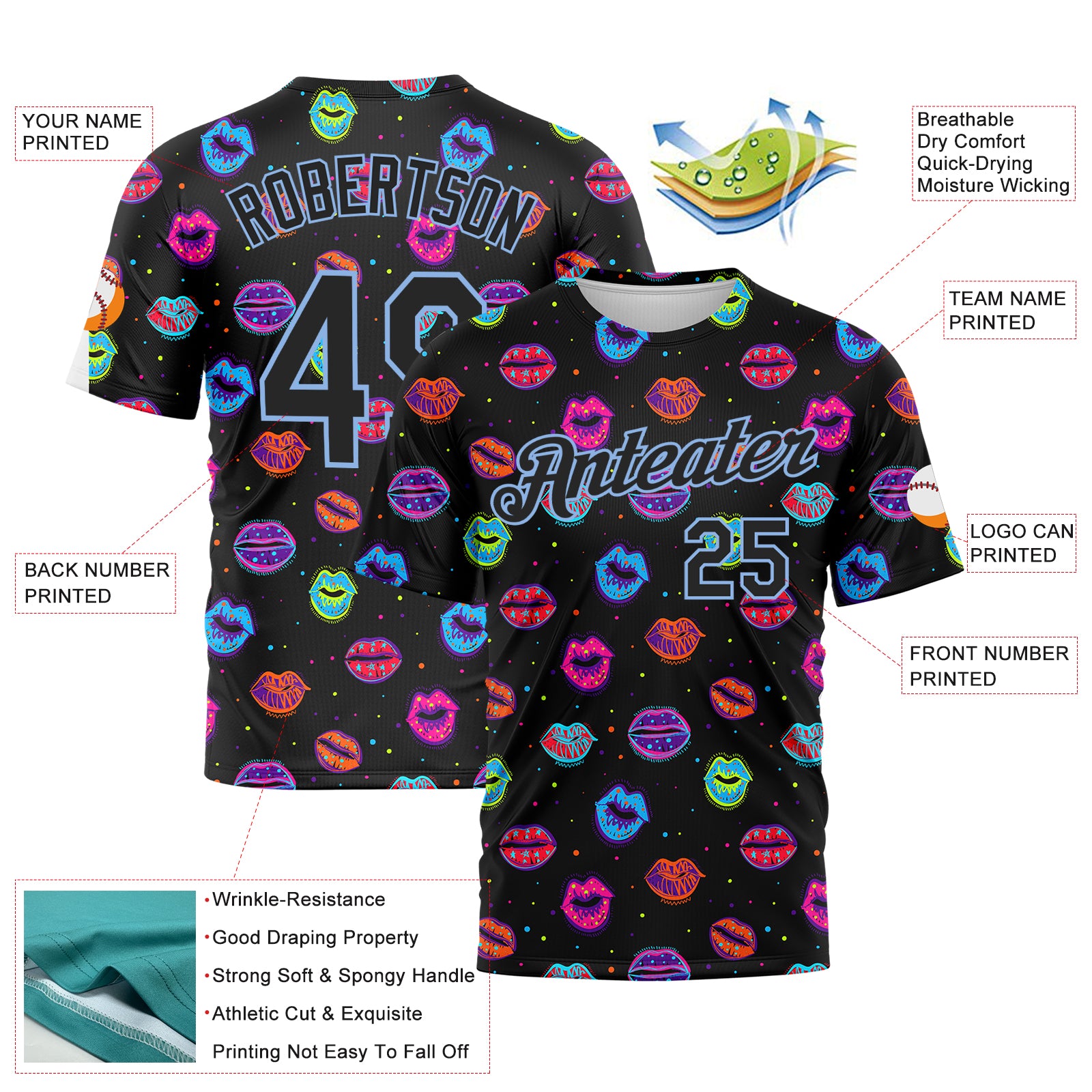Custom Graffiti Pattern Black-Light Blue 3D Dots And Kiss Lips Performance T-Shirt