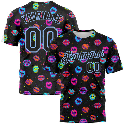 Custom Graffiti Pattern Black-Light Blue 3D Dots And Kiss Lips Performance T-Shirt