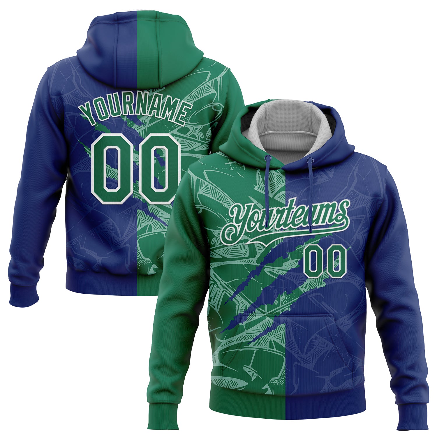 Custom Stitched Graffiti Pattern Kelly Green Royal-White 3D Scratch Sports Pullover Sweatshirt Hoodie