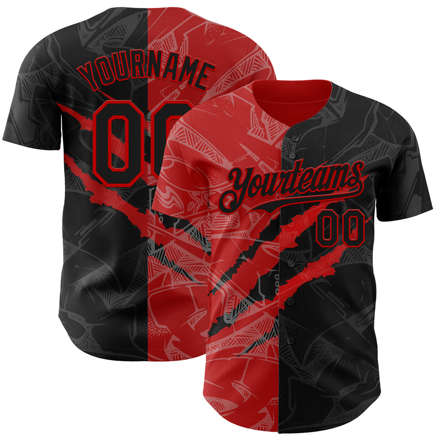 Custom Graffiti Pattern Black-Red 3D Scratch Authentic Baseball Jersey