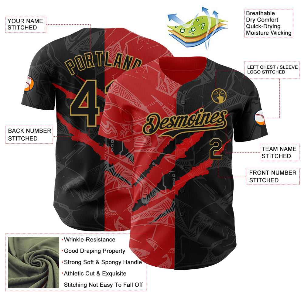 Custom Graffiti Pattern Black Red-Old Gold 3D Scratch Authentic Baseball Jersey