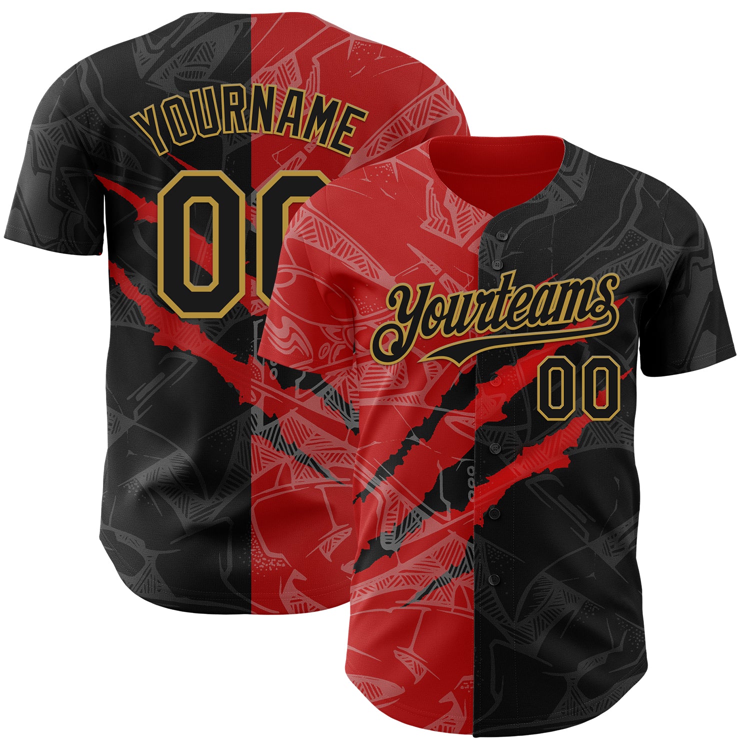 Custom Graffiti Pattern Black Red-Old Gold 3D Scratch Authentic Baseball Jersey