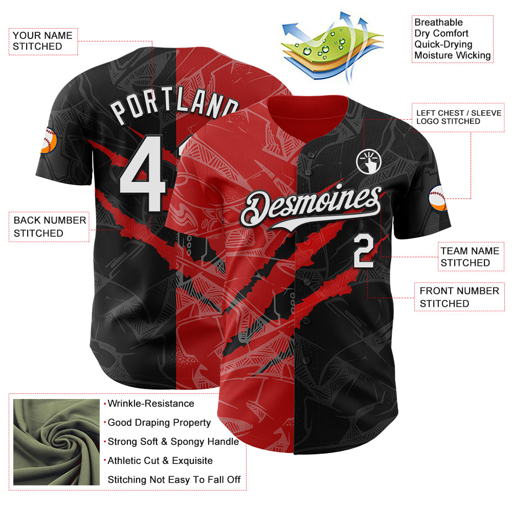 Custom Graffiti Pattern White Black-Red 3D Scratch Authentic Baseball Jersey