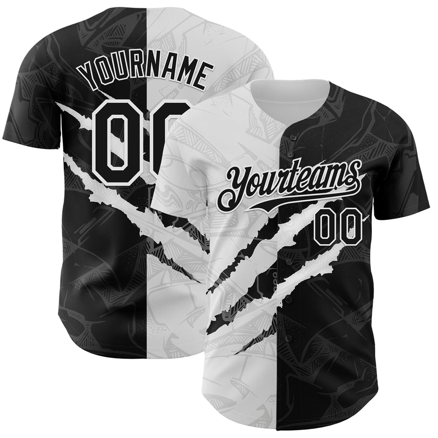 Custom Graffiti Pattern Black-White 3D Scratch Authentic Baseball Jersey