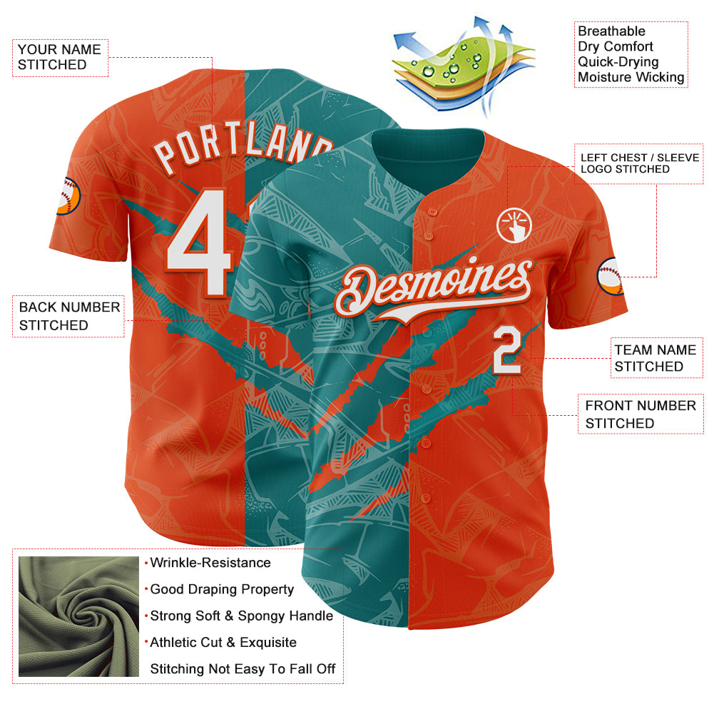 Custom Graffiti Pattern White Orange-Teal 3D Scratch Authentic Baseball Jersey