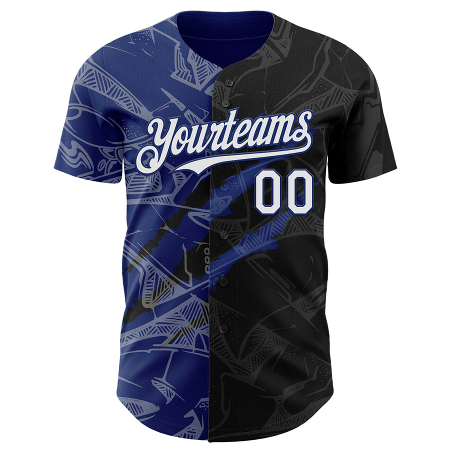 Custom Graffiti Pattern White Black-Royal 3D Scratch Authentic Baseball Jersey