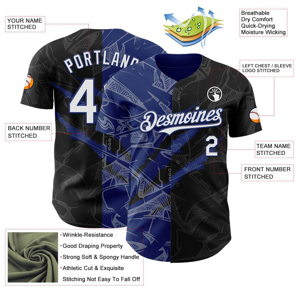 Custom Graffiti Pattern White Black-Royal 3D Scratch Authentic Baseball Jersey