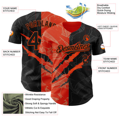 Custom Graffiti Pattern Black-Orange 3D Scratch Authentic Baseball Jersey