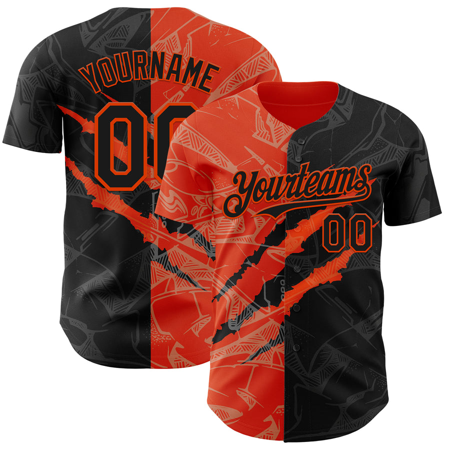 Custom Graffiti Pattern Black-Orange 3D Scratch Authentic Baseball Jersey