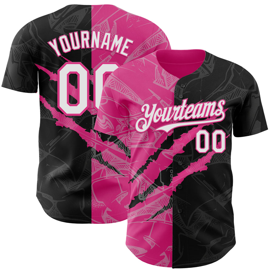 Custom Graffiti Pattern White Black-Pink 3D Scratch Authentic Baseball Jersey