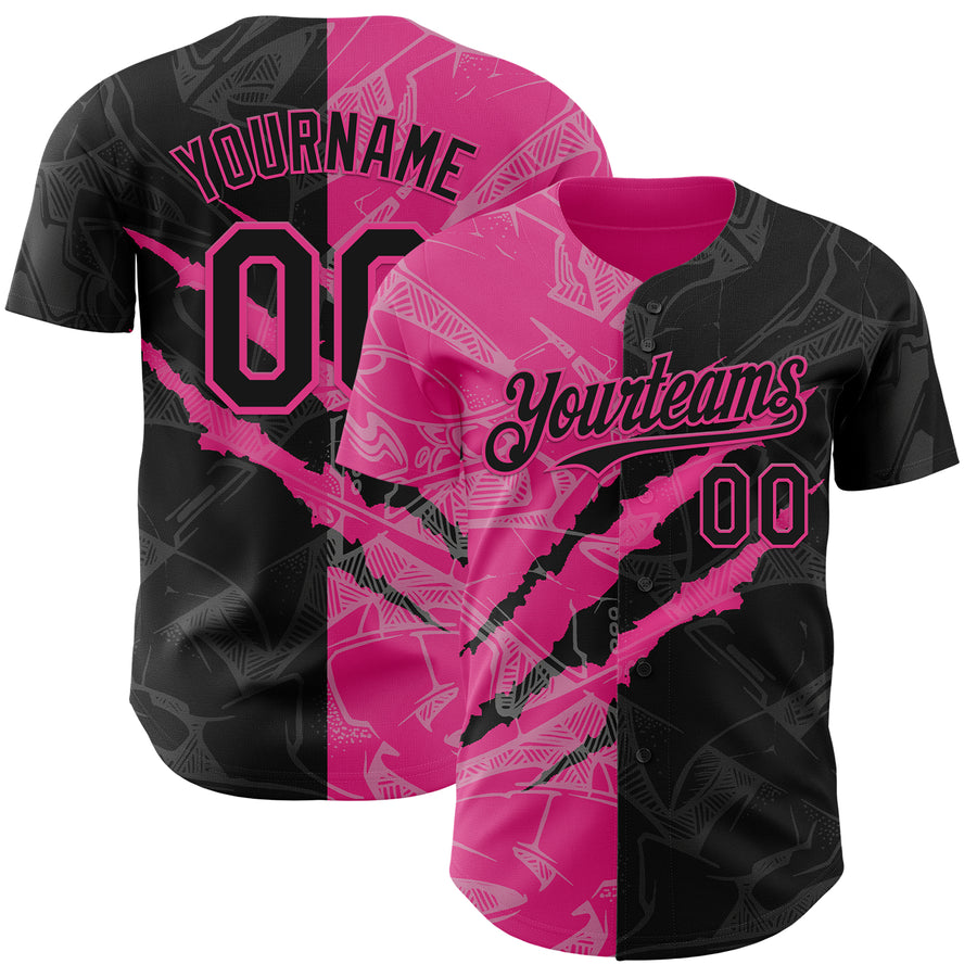 Custom Graffiti Pattern Black-Pink 3D Scratch Authentic Baseball Jersey