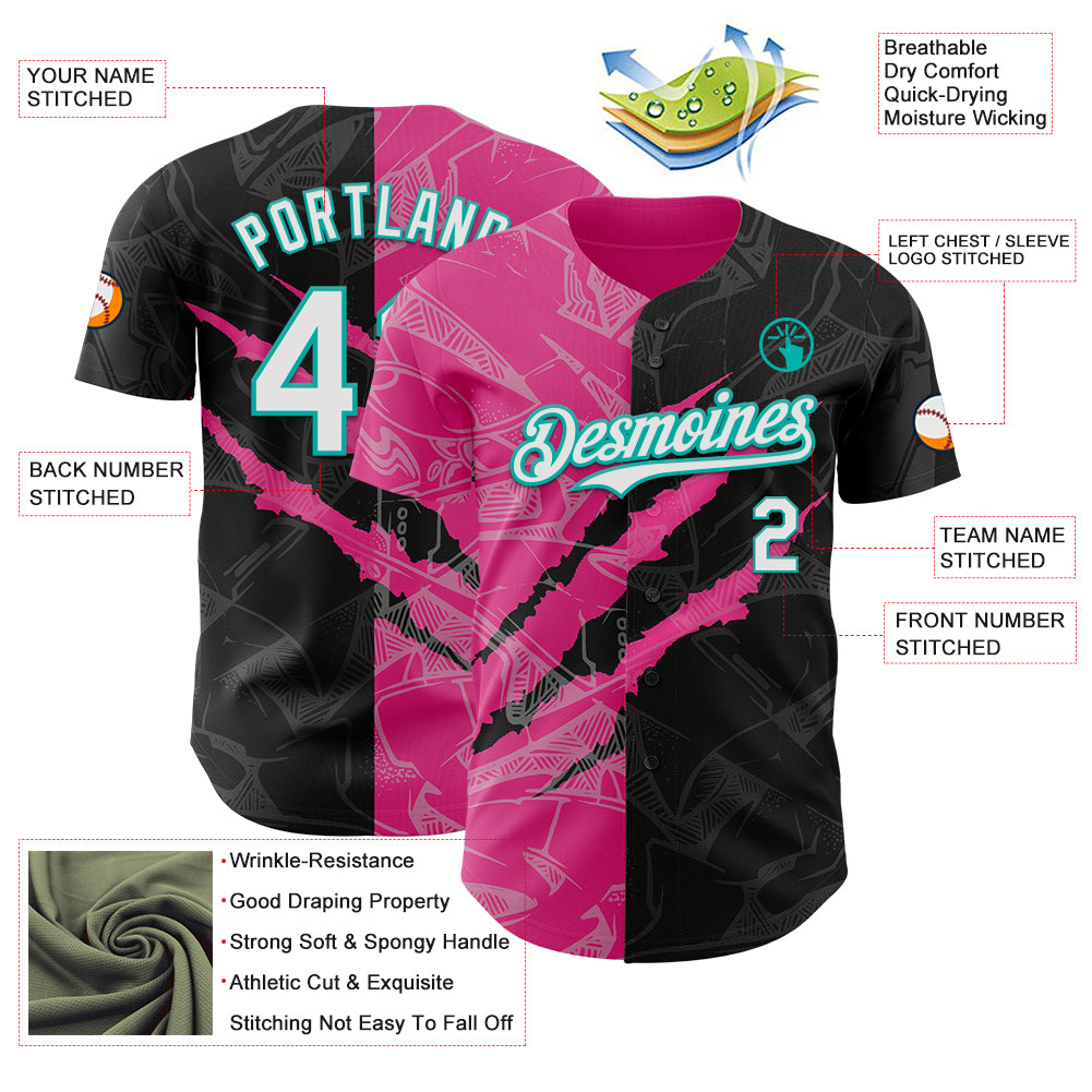 Custom Graffiti Pattern White Black Pink-Aqua 3D Scratch Authentic Baseball Jersey