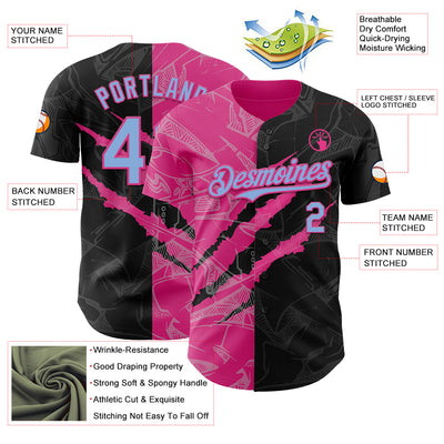 Custom Graffiti Pattern Light Blue Black-Pink 3D Scratch Authentic Baseball Jersey