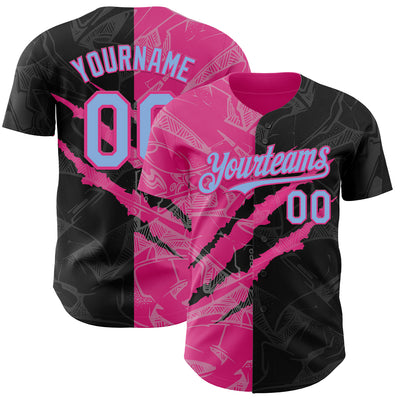 Custom Graffiti Pattern Light Blue Black-Pink 3D Scratch Authentic Baseball Jersey