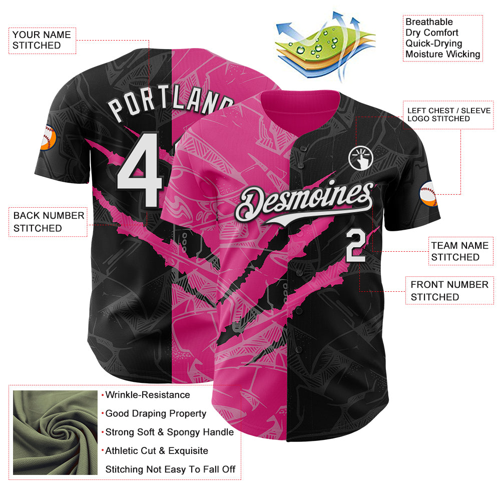 Custom Graffiti Pattern White Black-Pink 3D Scratch Authentic Baseball Jersey