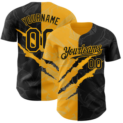 Custom Graffiti Pattern Black-Gold 3D Scratch Authentic Baseball Jersey