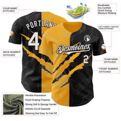 Custom Graffiti Pattern White Black-Gold 3D Scratch Authentic Baseball Jersey