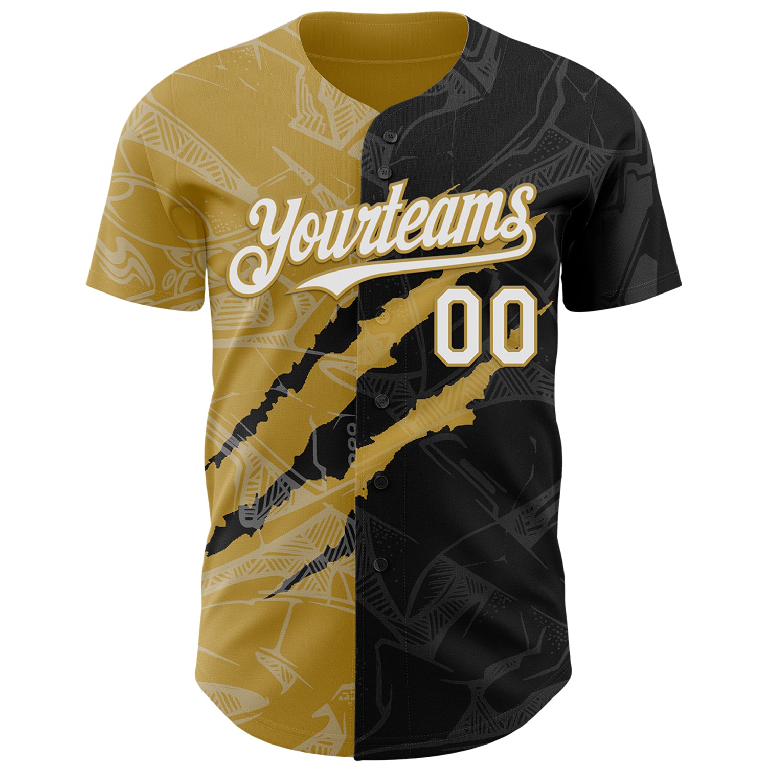Custom Graffiti Pattern White Black-Old Gold 3D Scratch Authentic Baseball Jersey