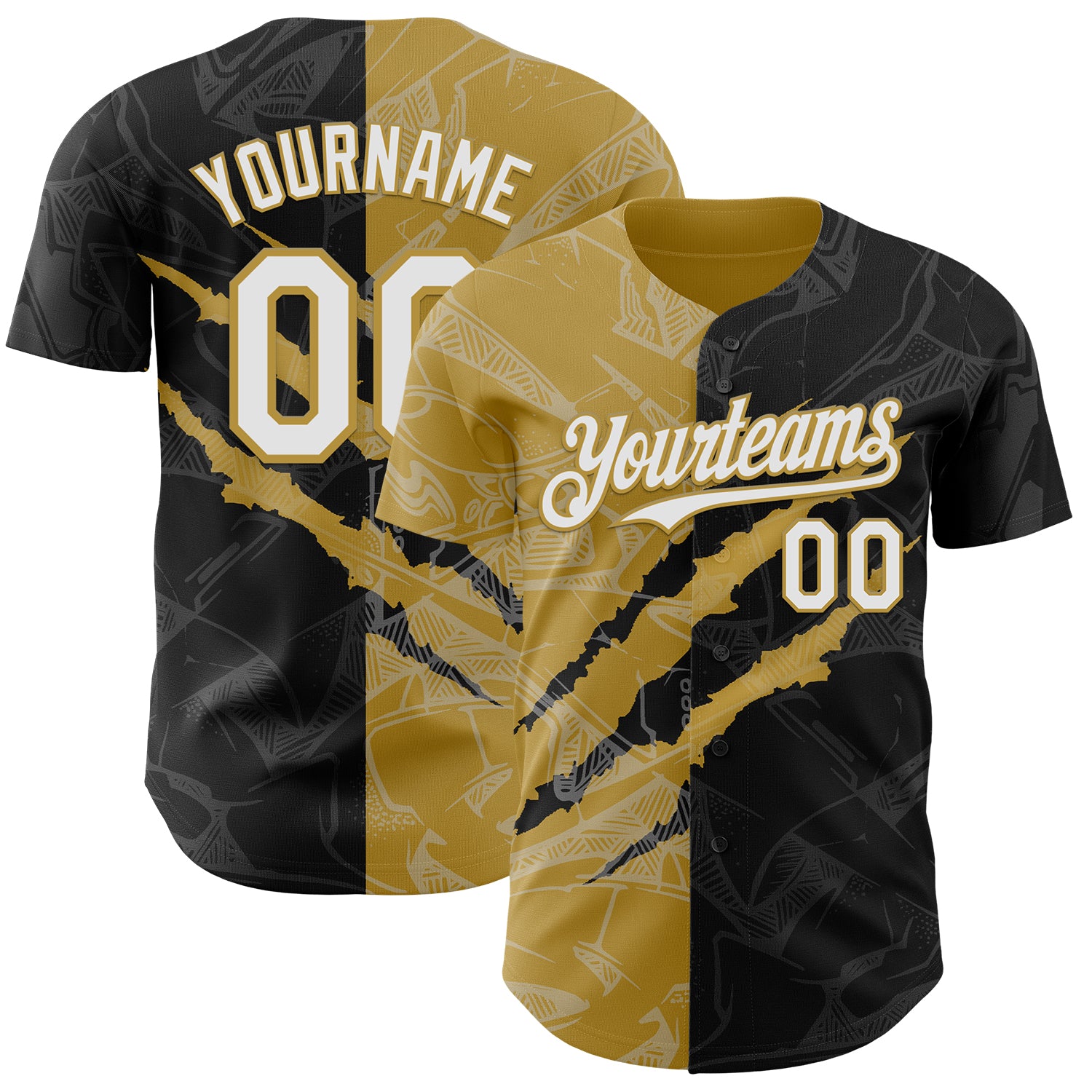 Custom Graffiti Pattern White Black-Old Gold 3D Scratch Authentic Baseball Jersey